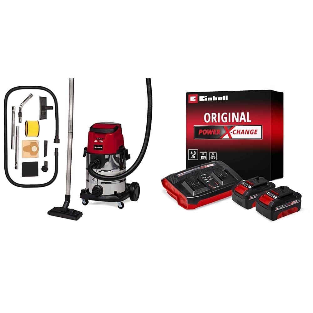Einhell TE-VC 36/25 Li S - Solo, Akülü Islak/Kuru Süpürge + Einhell 18V 2 x 4,0 Ah PXC Twincharger Kit, Akü & Şarj Cihazı