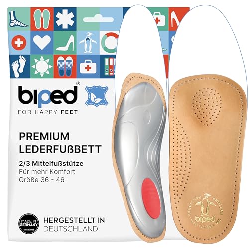 biped Premium Mini Fußbett aus echtem Leder – Orthopädische Einlegesohlen mit Fußgewölbestütze, Pelotte & Fersenpolster – 2/3 kurze Wellness Schuheinlagen ideal bei Fußbeschwerden z2225(38)