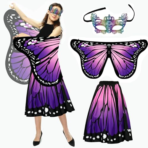 Bseical Schmetterling Kostüm Damen Schmetterlingsflügel Erwachsene Karneval Kostüm Schmetterlingskostüm Schmetterling Umhang 3-teiliges Set Mit...