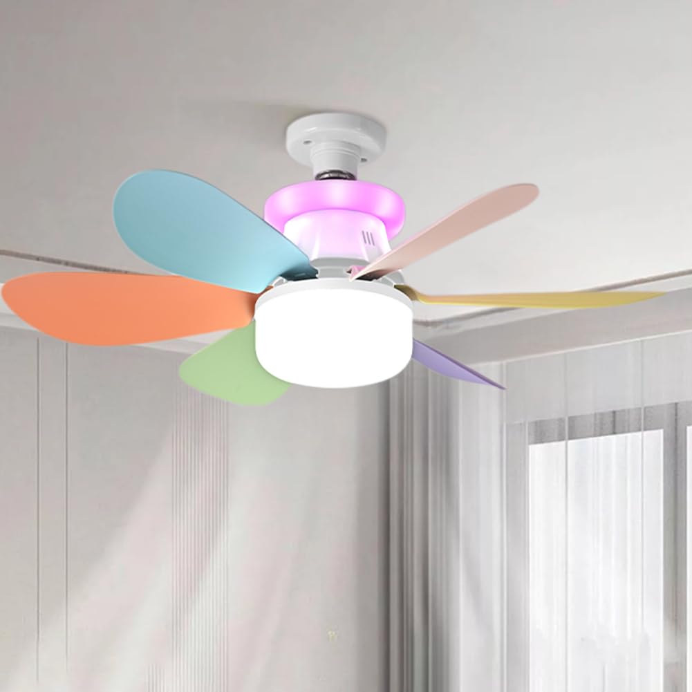 Ceiling Fans with Lights & Remote Control, E26/E27 40W LED Ceiling Fans Light with 6 Blades, RGB Dimmable, 3 Colors, Timing, 3 Speeds Light Bulb Fan for Bedroom, Living Room, Kitchen, Office