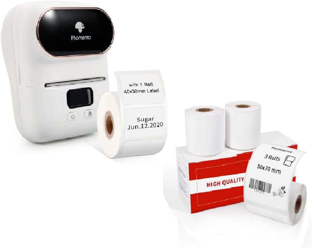 Phomemo M110 Label Maker with 3 Rolls 1.96’’ x 2.75’’ (50x70mm) Thermal Labels, Bluetooth Thermal Label Maker Printer Apply to Labeling, Office, Cable, Retail, Barcode, Compatible with Android & iOS