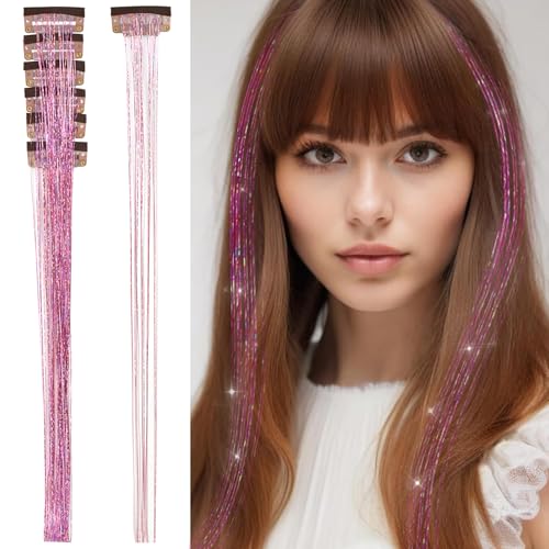 6 Pieces Pink Glitter Hair Tinsel Clip in Extensions 20.5 Inch Shimmer Fairy Hair Accessories (Pink)
