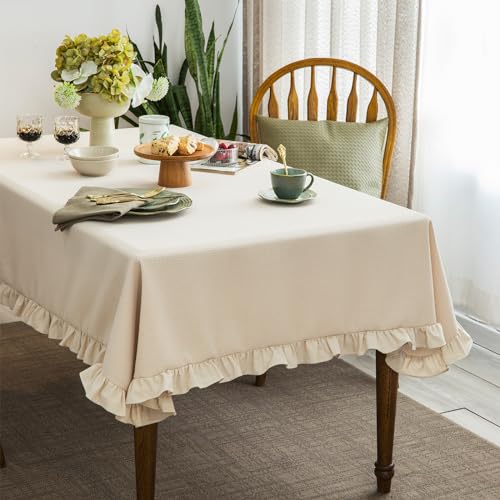 Waffle Weave Textured Rectangle/Oblong Tablecloth with Cotton Retro Ruffle Trim Solid Table Cover for Buffet Banquet Parties Event Holiday Kitchen Dining Farmhouse Decor Beige 55x120 Inches by GLORY SEASON - Image 3