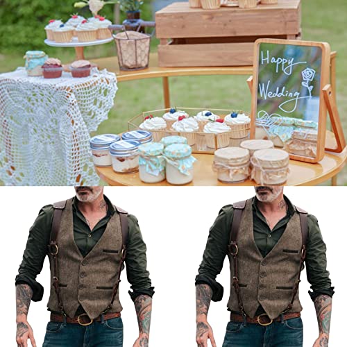 Wool Tweed Men Suit Vests Punk Waistcoat with Leather Slim Fit Vests4