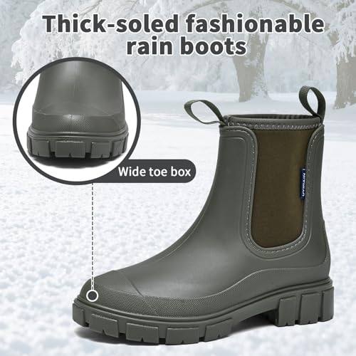 GemChve Gummistiefel Damen Winter, Chelsea Boots Gefüttert Wasserdicht, Gummistiefeletten Halbhohe Gartenschuhe, Rutschsicher Regenschuhe, Abriebfest Komfort Schlupfstiefel Green 39 EU