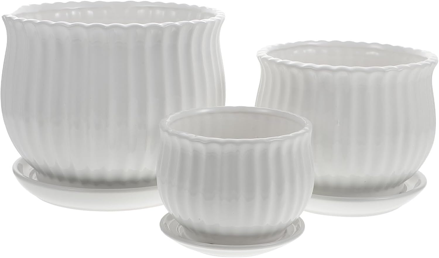 3pcs White Ceramic Planter Set with Vertical Stripe Texture for Succulents and Bonsai, Small to Large Cactus Pots for Indoor and Outdoor Gardening