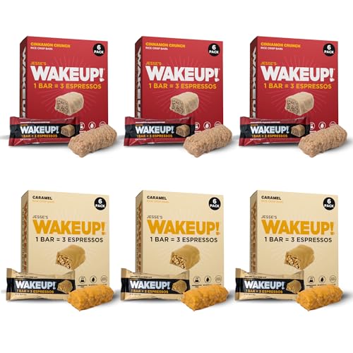 WAKE UP! Caffeinated Protein Bars - VALUE PACK - 6 Cartons (36 Bars) 3 Caramel &amp; 3 Cinnamon Crunch Proprietary Blend with 350mg Caffeine (1 Bar = 3 Espressos) Boosts Focus &amp; Clarity - Gluten-Free, Vegetarian, Kosher