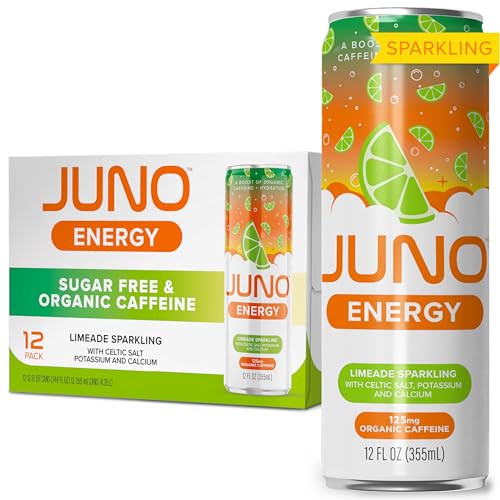 JUNO ENERGY Limeade Sparkling Energy Drink - Sugar Free Electrolytes, Energizing and Hydrating with 125mg Organic Caffeine from Green Coffee Beans, Organic Monk Fruit, Lime Juice & Electrolytes - Vegan, Gluten Free, 12 Pack