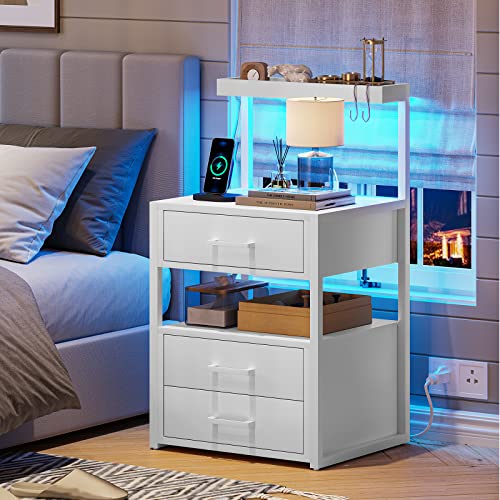 Aogllati Nightstand Set Of 2 With Charging Station And Led Lights, Bedside Table With 3 Drawers And Open Storage Shelves, 2 Usb Ports And 2 Ac Outlets, Led Night Stand For Bedroom, 2 Pack, White #TOP7