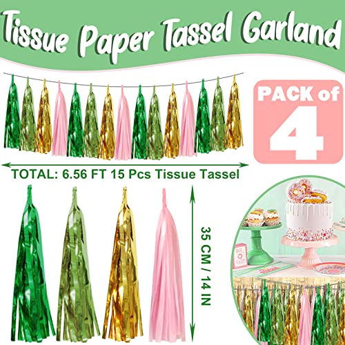 Image of 4P Pink-Gold Sage-Green Party-Decorations Foil Fringe Metallic Tassel Streamers Banner Tassel Garland for Parade Floats, Birthday, Bachelorette, Wedding, Halloween, Christmas