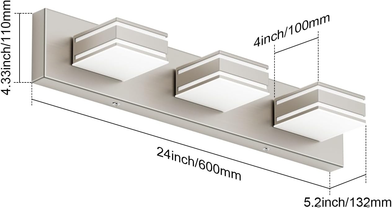 Ralbay 24inch Brushed Nickel Bathroom Vanity Lights 3-Light Metal Acrylic LED Modern Bathroom Wall Lighting Fixtures
