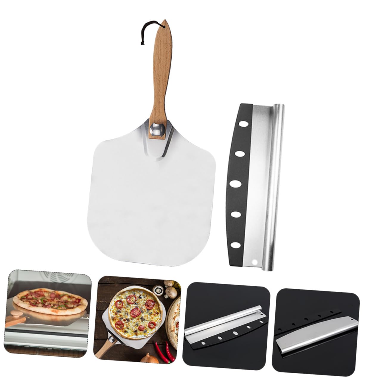 2 Stück Teiliges Set Faltbare Aluminium Pizzaschaufeln mit Holzgriff und Teigschaber für Pizza und Pfannkuchen Hitzebeständig und Praktisch für Küche