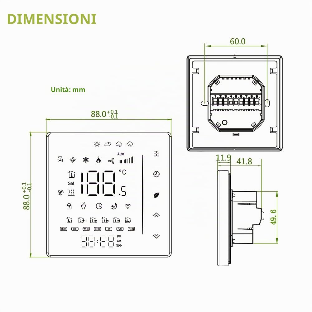 WiFi Termostato per climatizzatore con 2-tubi, 95-240V, Alexa | Controllo remoto tramite app Smart Life, compatibile con Google Home, controllo vocale, per sistemi HVAC.