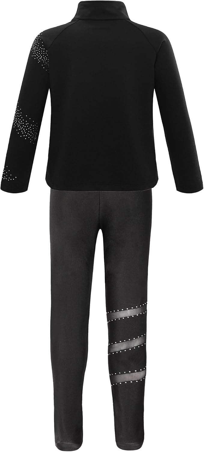 Freebily Kids Girls Rhinestone Figure Ice Skating Jacket Top with Figure Skating Practice Pants Set Sport Outfits