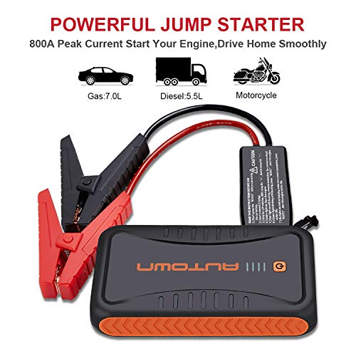 AUTOWN Jump Starter, 10000mAh Car Jump Starter with Quick Charger, Portable Battery Booster 12V Auto Power Pack with LED Flashlight, Smart Jumper Cables