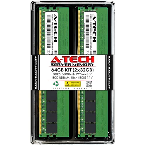 A-Tech 64GB Kit (2x32GB) DDR5 5600MHz PC5-44800 ECC RDIMM 1Rx4 (EC8 10x4) Single Rank 1.1V ECC Registered DIMM 288-Pin Server RAM Memory Upgrade Modules (A-Tech Enterprise Series)