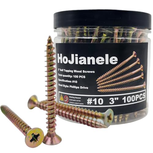 HoJianele 3 inch Self Tapping Wood Screws 100pcs, # 10 Flat Head Screws Set, Phillips Drive Wood Screw Assortment Kit, Heavy Duty Deck Wood Screws Set Brass by HoJianele - Used condition - US$12.86