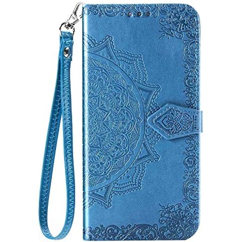 CaseHQ Compatible with iPhone 12 Pro Max Case 6.7 inch(2020),Wallet Case for Women and Girls,Premium Strap with Card Holder,3D Embossed Datura Flower,Pu Leather Flip-Blue Cover