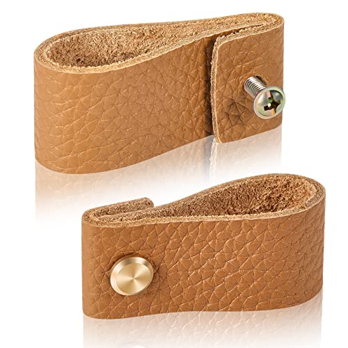 Leather Drawer Pulls,12 Pack Leather Dresser Knobs With Fashional Gold Brass Knobs Perfect Replacement Of Traditional Metal Cabinet Knobs, Leather Dresser Pulls Avoid Children Hitting Heads #TOP1