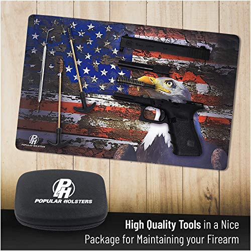 Combo Bundle Universal Handgun Cleaning Kit + Gun Cleaning Mat By Ph - Zippered Compact Case - Bronze Bore Brush Jag Adapters Stainless Steel Pick Cleaning Patches (Cleaning Kit + Eagle Flag Mat) #TOP2
