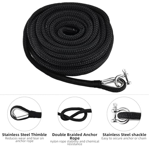 image for NovelBee 1/2in x 50ft Boat Anchor Rope,Double Braid Nylon Anchor Line 
