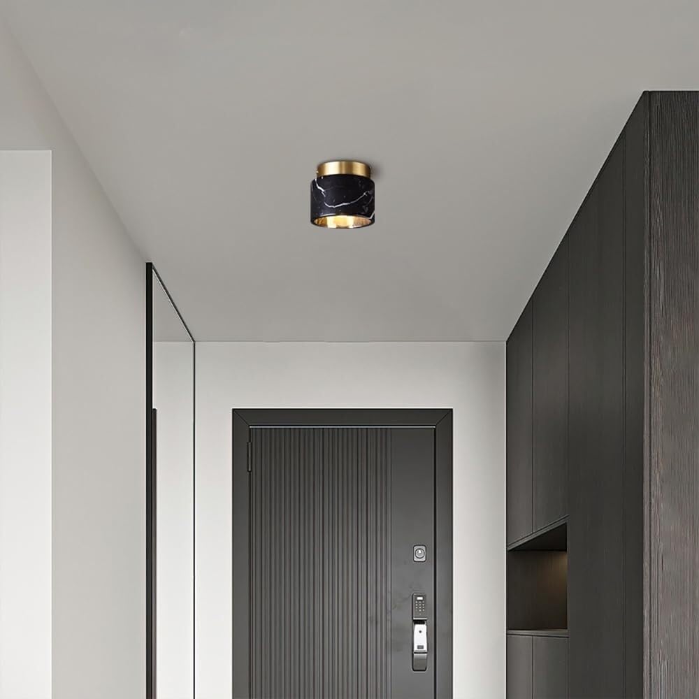Modern Nordic Ceiling Light, Natural Stone Shade Ceiling Lamp, Mini E27 Lighting Fixture Retro Brass Ceiling Light Kit for Farmhouse Kitchen Bedroom Foyer Corridor (Black)