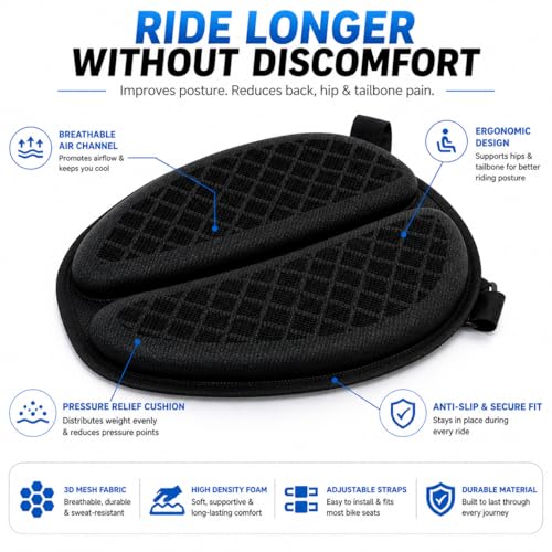 Image of Grandbiker Universal Fit Gel Air Seat Cushion | 3D Honeycomb Gel Structure Cover for Long Rides | Detachable Cover | Lumbar Support | Breathable | Durable Design | Ideal for Bike (Black)