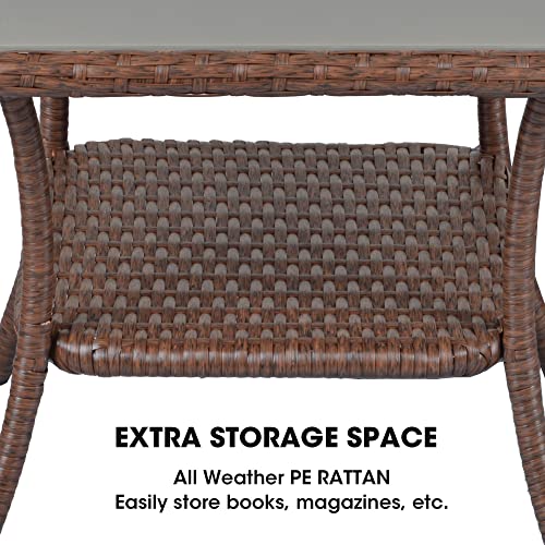 Sunvivi Outdoor Wicker Side Table, Outside Rattan End Tables For Patio, Aluminum Frame Square Glass Top Coffee Table, Brown #TOP2