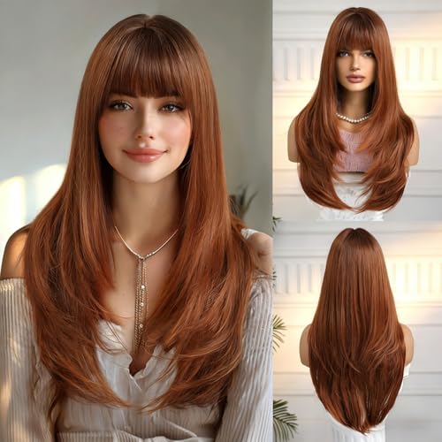 Phloxyn Glueless Human Hair Long Wig With Bangs Auburn Straight