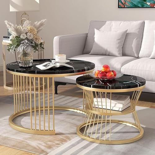 Image of Furniture Cafe Luxury Black Marble Nesting Coffee Table Set - Round Living Room Center Tables with Golden Metal Base & Storage Shelf