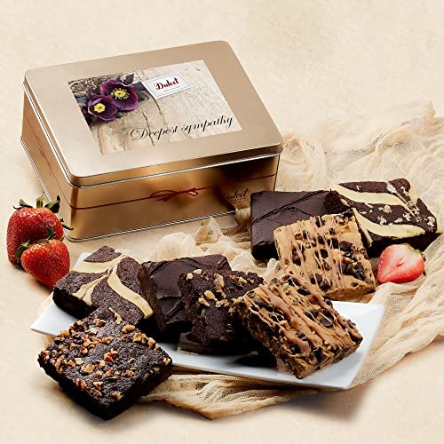 Dulcet Gift Baskets Sympathy Chocolate Fudge Brownie Assortment Gift Tin Delicious, Fresh Baked Snacks Yummy Flavors including Chocolate Cheese -Walnut -Fudge-Chocolate Chip Blondie , for Loss of loved one, Sympathy gift for Family, Friends, Co-worker, Men and Women.