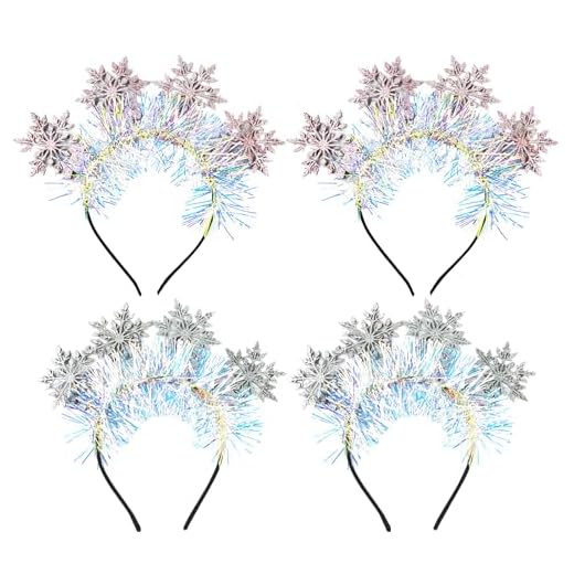 Zaruatu 4 peças de tiara de floco de neve de Natal branca e rosa com glitter para mulheres, faixa de cabelo para festas de Natal e eventos temáticos de inverno