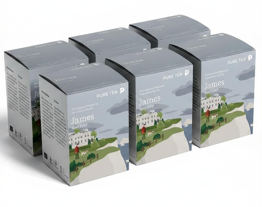 6 x Pure Tea James Earl Grey Teebeutel, Premium-Schwarztee mit Bergamotte, aromatisierter schwarzer Tee im Kissenbeutel, einzeln verpackt in eleganter Dispenserbox, britischer Afternoon-Tea-Genuss