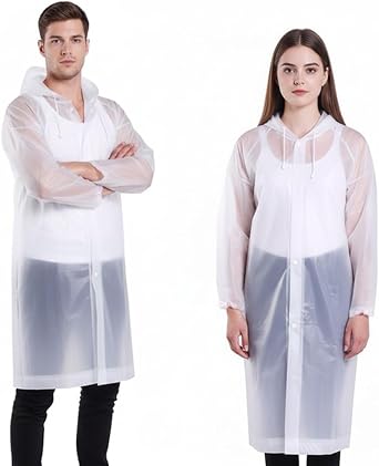 2 PCS Waterproof Clear Raincoats Thickened Reusable EVA Rain Ponchos Breathable Portable Packable Rain Coat with Drawstring Hood for Men Women Outdoor Activities