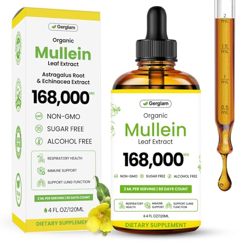 Mullein Drops for Lungs, USDA Organic Lung Detox and Cleanse Liquid with Marshmallow, Thyme, Astragalus, Orange Peel, Echinacea Alcohol & Sugar Free Extract for Smokers 4 Fl Oz