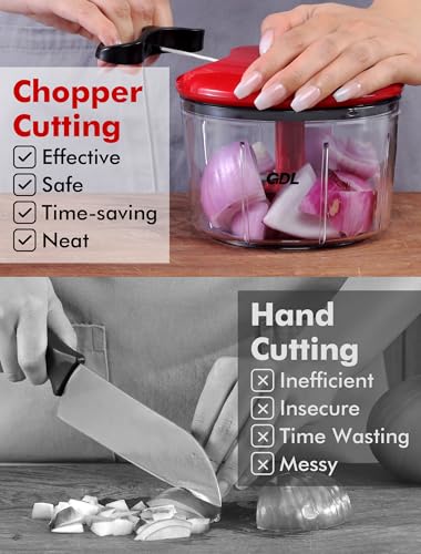Image of GDL Food Chopper, Pull Onion Chopper Dicer, Hand Powered Food Mincer, Fast Cutting Hand Chopper for Oinon, Garlic, Nut, 3.4 Cups 0.8L, Red