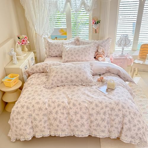 Image of VM VOUGEMARKET Lace Ruffle Duvet Cover Set Twin,Vintage Garden Floral Bedding Set,Double-Layer Gauze Cotton Soft,Breathable & Lightweight for Teen Girls-68 x86