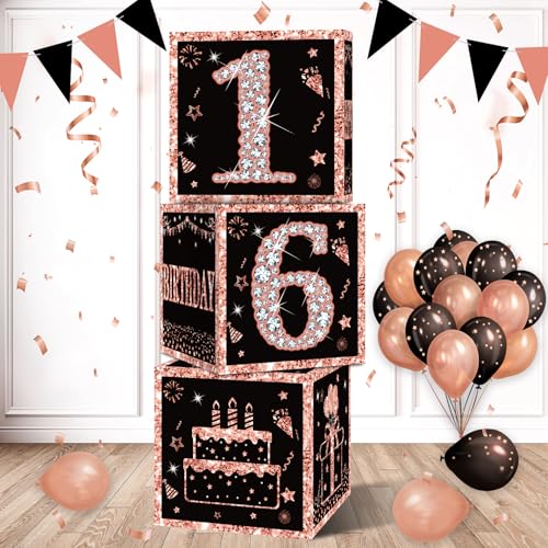 Image of Eiurteao 3pcs 16th Birthday Decorations Boxes for Girls, Rose Gold Happy 16 Birthday Balloons Boxes Party Supplies, Sweet 16 Bday Theme Cardboard Box Decor