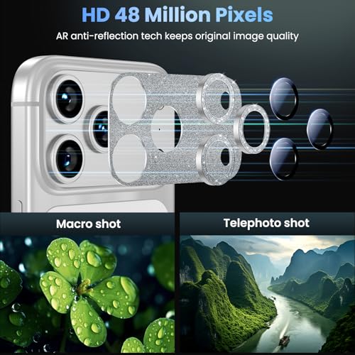 Image of Uyiton for iPhone 17-Pro Camera-Lens Protector: Bling [Not Easy to Break][Strong Adsorption][Case-Friendly] Metal Tempered Glass Rear Camera Screen Cover - Glitter Silver