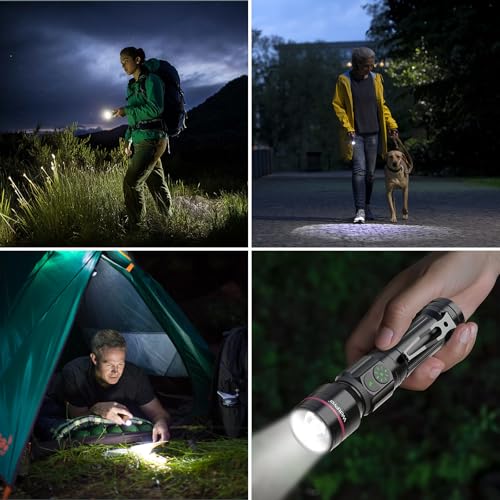 WdtPro Flashlights Rechargeable, 2000 High Lumens Super Bright LED Flashlight Portable, 5 Modes Dual Switch Tactical Flashlight with Clip, Waterproof Zoomable for Camping Emergency, Battery Included