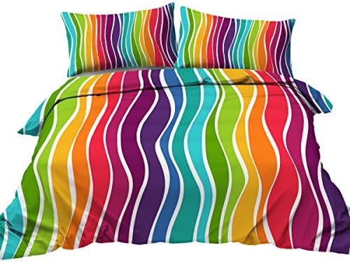 BlessLiving Rainbow Waves Print 3-Piece Bedding Duvet Cover Set Double - Contemporary Comforter Cover - Zipper Closure Funky Hipster Print (1 Duvet Cover & 2 Pillowcases)