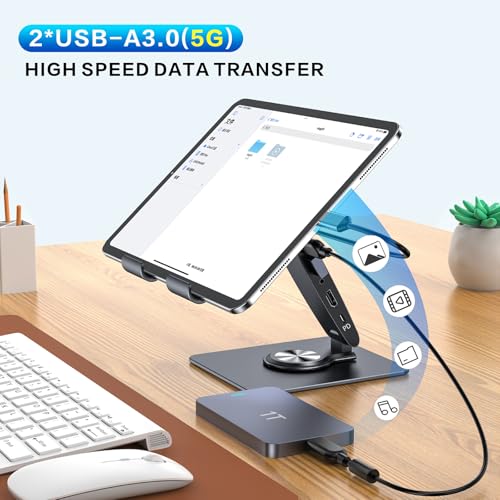 Universal Docking Station for iPad Mini Air Pro Galaxy Tab iPhone HC Adjustable 7-in-1 USB Hub 360°Rotatable iPad Stand with USB C Hub 12.9 inch 4K HDMI USB 3.0 PD 100W 3.5mm Audio SD/TF Card Reader