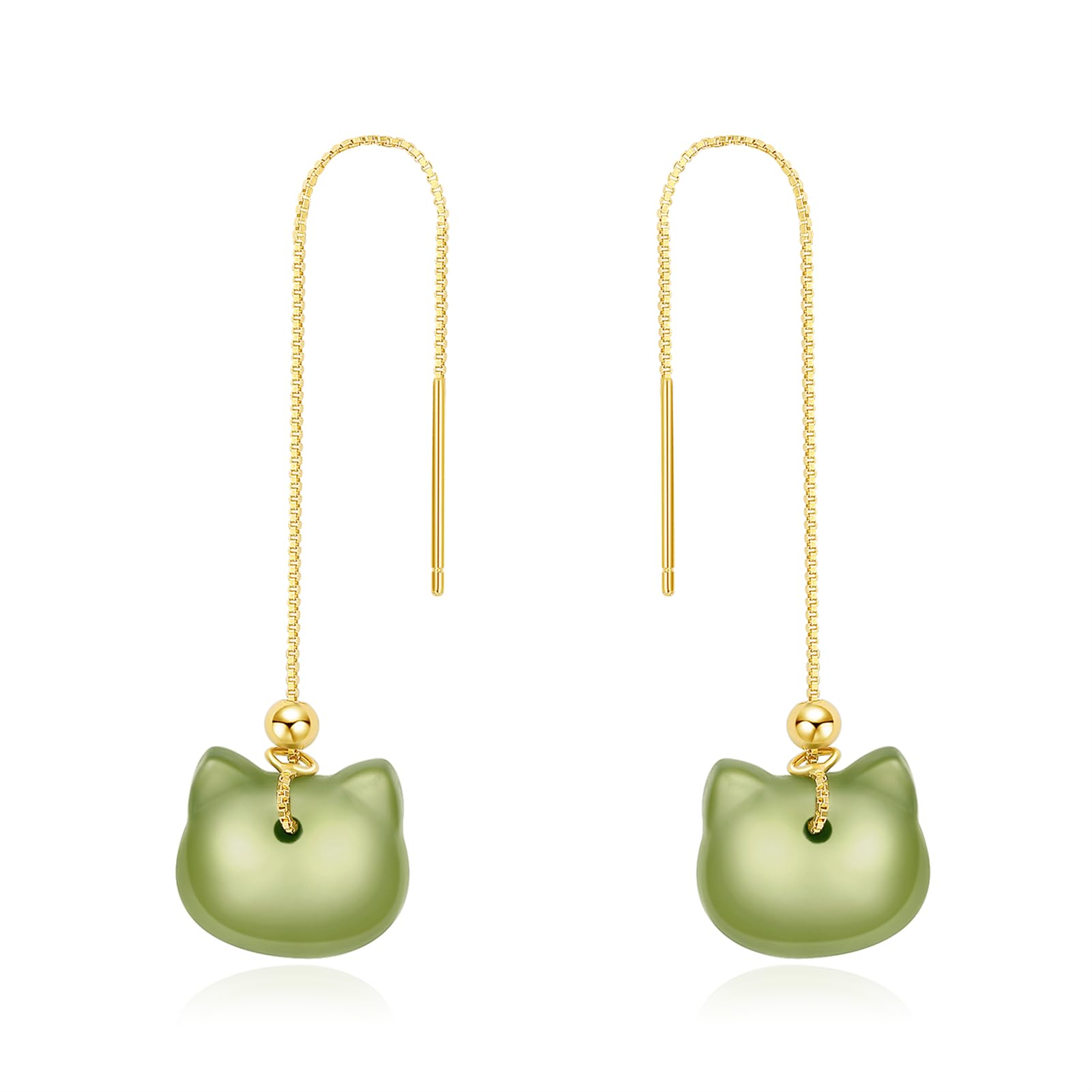 Natural Hetian Jade Earrings, Cat Shape Jade Pendant for Women, Green Lucky Jade Jewelry Gift for Mom Lover Her (925 Sterling Silver with Gold Plated)