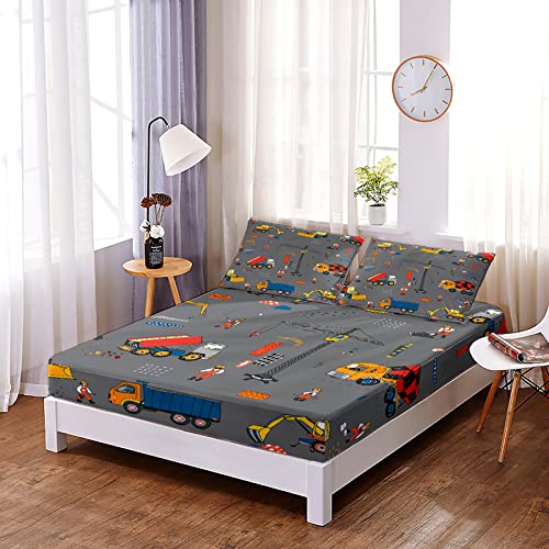 BSNTHO Construction Truck Vehicle Sheet Set Queen Size,Cartoon Excavator Fitted Sheet for Boys,Building Bedding Sheets with 16" Deep Pocket,Soft Decorative Fabric Kids Bedding Set