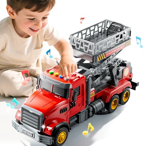 JUKUDAHU Fire Trucks for Toddlers 3-5 Years Old, Firetruck Play Vehicle with Liftable Platform, Sound Light, Indoor Outdoor Push and Go Car Toys, Fireman Gifts for Kids Boys Girls Aged 3-4 4-8 5-7 by JUKUDAHU - Image 9