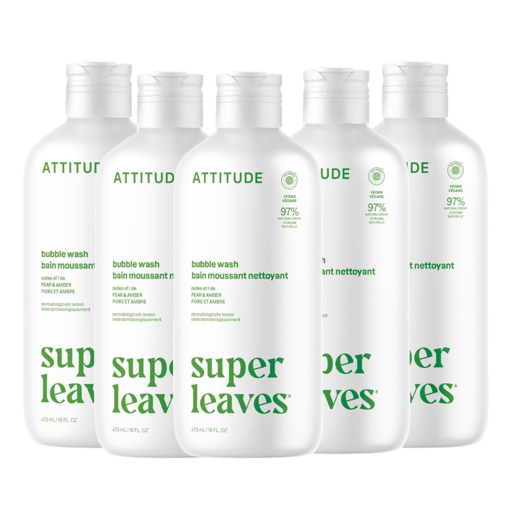ATTITUDE Bubble Bath & Body Wash, EWG Verified, Vegan & Plant-Based, Dermatologist-Tested, Gentle Cleansing Formula, Pear & Amber Scent, 16 Fl Oz (Pack of 6)