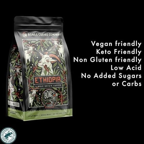 Bones Coffee Company Ethiopia Single-Origin Flavored Ground Coffee Beans | 12 Oz Medium Roast Low Acid Coffee Arabica Beans | Coffee Gifts & Beverages (Ground) #TOP3