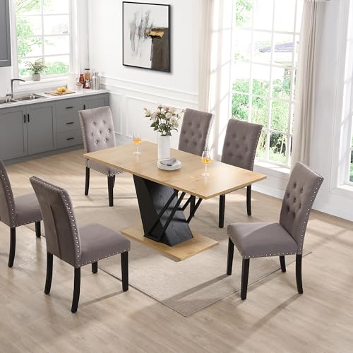 FIVEGIVEN Extendable Dining Table for Modern Kitchen, 47 to 62 Inch Rectangle Table Top with Hidden Removable Leaf V Shaped Wooden Metal Base for 4 to 6 People Natural & Black - Thumbnail 3