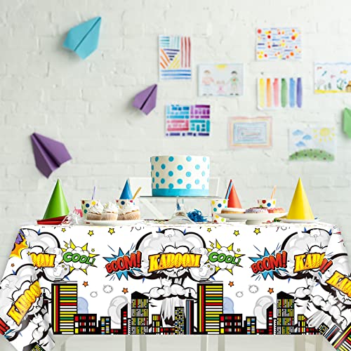 Image of Tevxj 3 Pieces Super Theme Hero Tablecloths Hero Themed Birthday Party Supplies Heroes Action Sign Plastic Table Cover Fun Super Tablecover for Happy Birthday Baby Shower Party Decorations