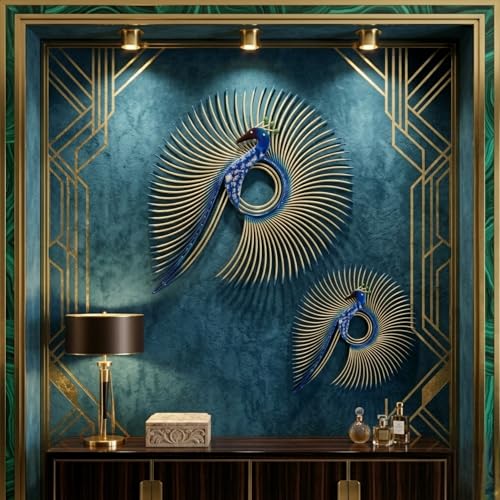Image of SNS DECOR Alluring Metal Peacock Set of 2 Wall Art Decorations | Perfect 3D Wall Sculpture For Living Room, Bedroom, Drawing Room & Office-Blue Finish (Big-20x22inch, Small-14x17inch)